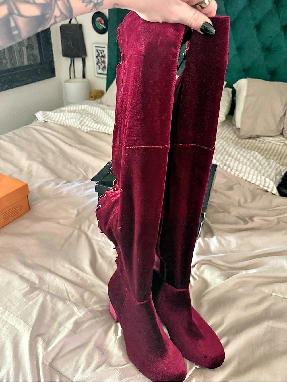 Over-the-Knee Lace-Up Boots in Burgundy Velvet - New